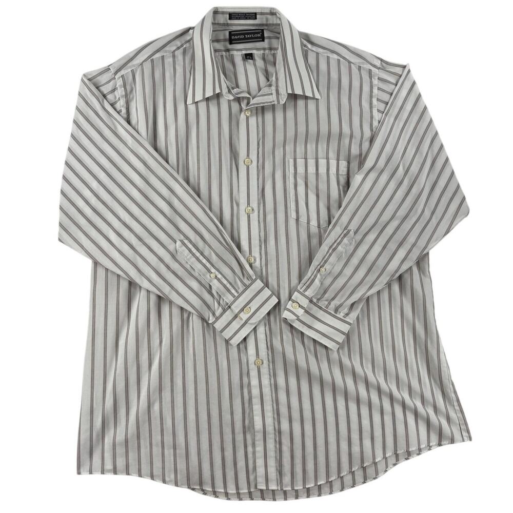 David Taylor Mens Long Sleeve Dress Shirt - White Grey Striped - 18.5  34/35